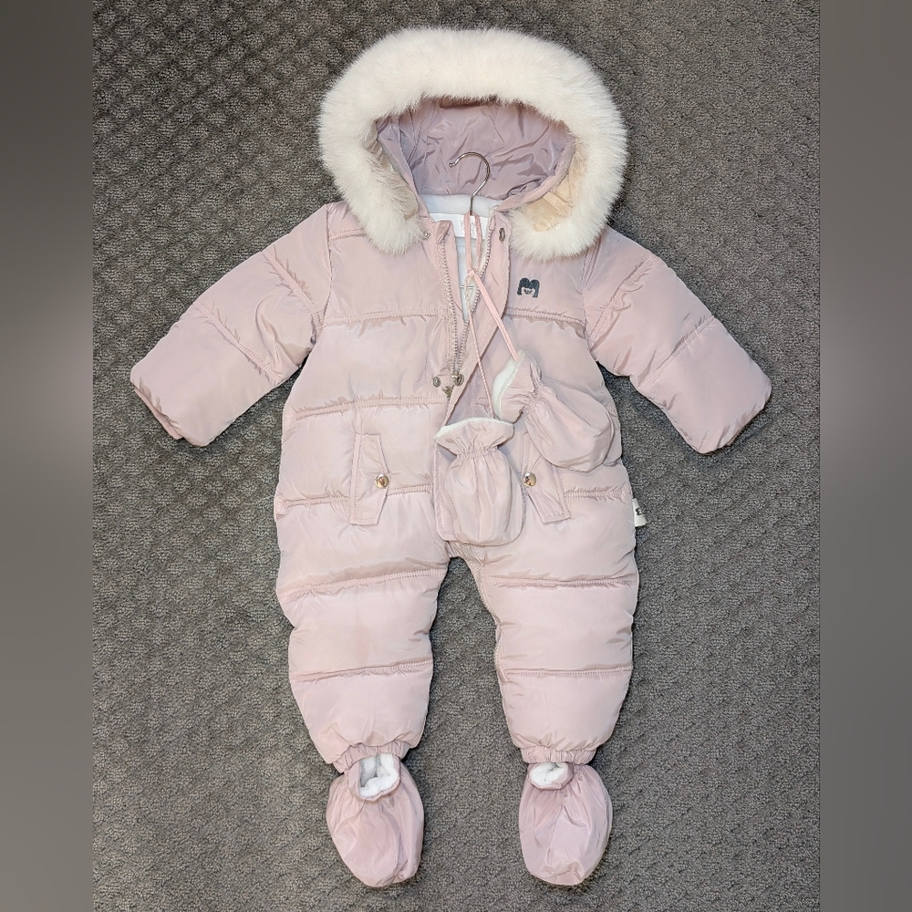 Pink Quilted Puffer Hooded Eskimo Baby Snowsuit Fleece Lined with Booties 90cm